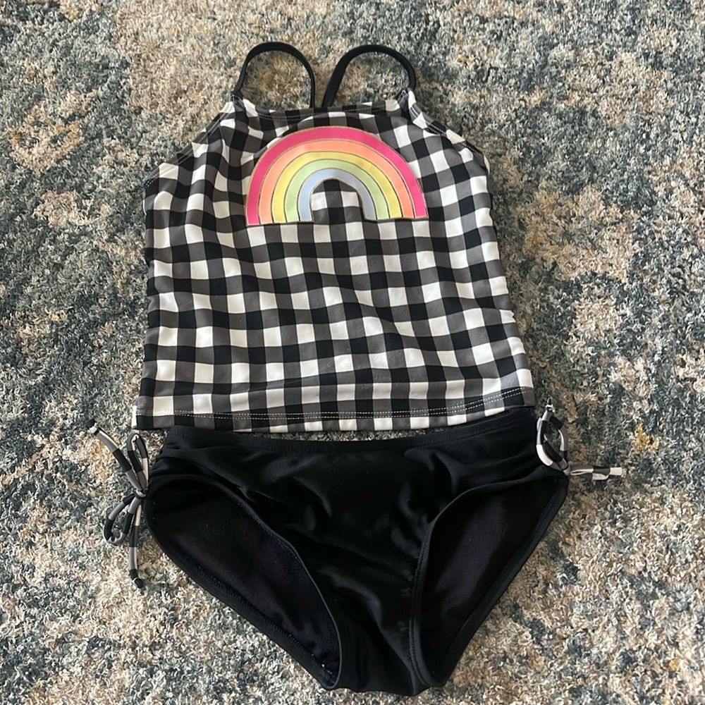 Cat & Jack 2pc Swimsuit Black and White‎ Gingham Check + Rainbow (Size S 6/6x)